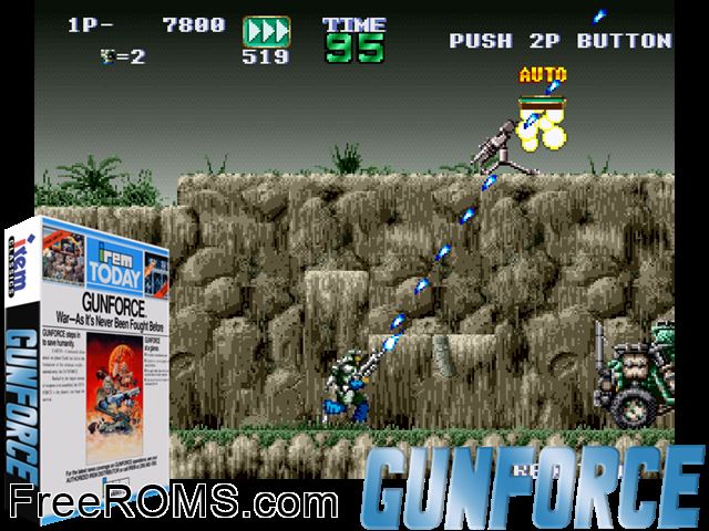 Gunforce - Battle Fire Engulfed Terror Island (World) MAME game showing 3D box cover and gameplay screenshot