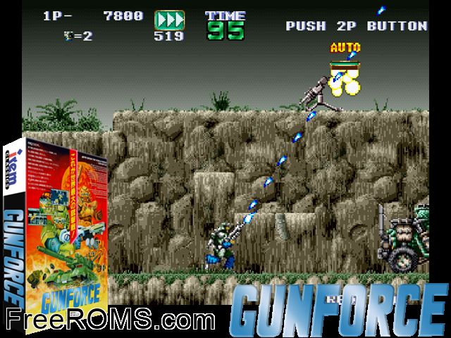 Gunforce - Battle Fire Engulfed Terror Island (Japan) MAME game showing 3D box cover and gameplay screenshot