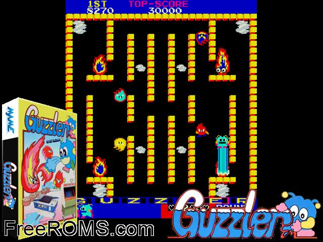 Guzzler MAME game showing 3D box cover and gameplay screenshot