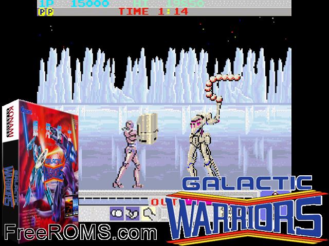 Galactic Warriors MAME game showing 3D box cover and gameplay screenshot