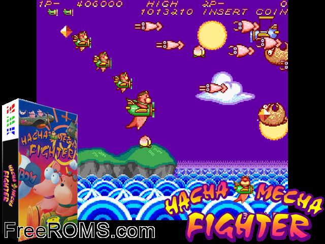 Hacha Mecha Fighter MAME game showing 3D box cover and gameplay screenshot