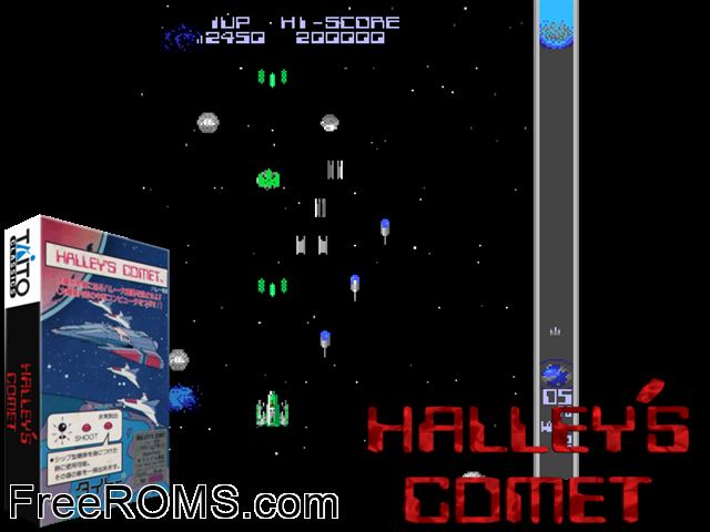 Halley's Comet (US) MAME game showing 3D box cover and gameplay screenshot