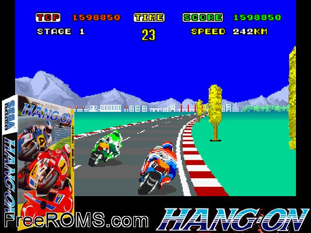 Hang-On MAME game showing 3D box cover and gameplay screenshot