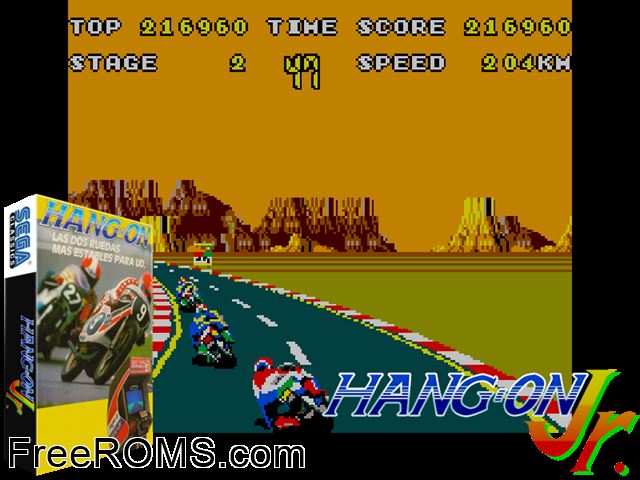 Hang-On Jr. MAME game showing 3D box cover and gameplay screenshot