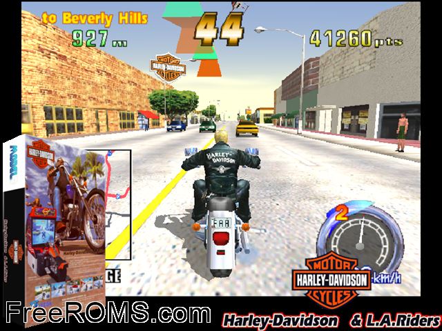 Harley-Davidson and L.A. Riders MAME game showing 3D box cover and gameplay screenshot