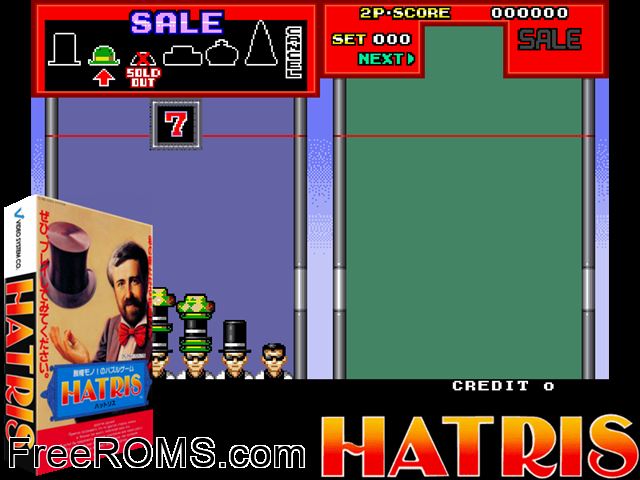 Hatris (Japan) MAME game showing 3D box cover and gameplay screenshot