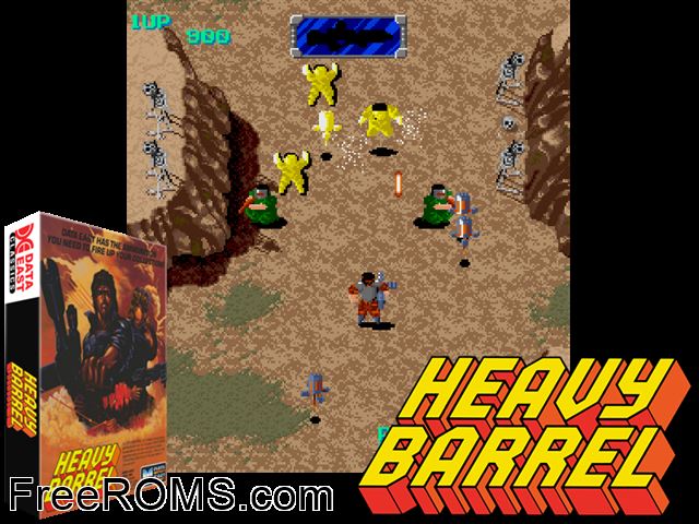 Heavy Barrel (World) MAME game showing 3D box cover and gameplay screenshot
