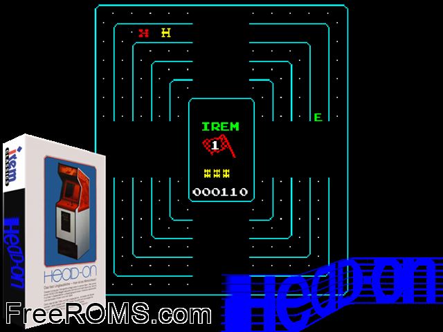 Head On (Irem, M-15 Hardware) MAME game showing 3D box cover and gameplay screenshot