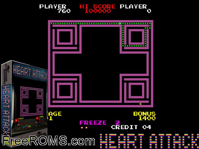 Heart Attack MAME game showing 3D box cover and gameplay screenshot
