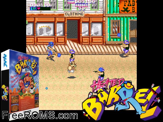 Heated Barrel (World) MAME game showing 3D box cover and gameplay screenshot