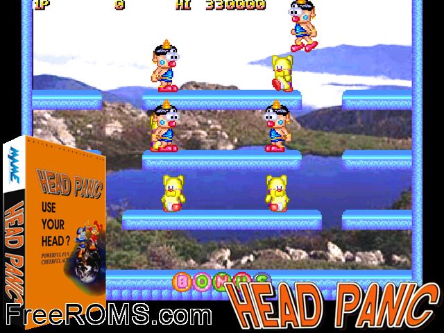 Head Panic (ver. 0315, 15/03/2000) MAME game showing 3D box cover and gameplay screenshot