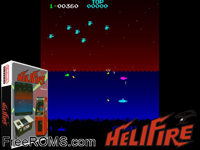 HeliFire (set 2) MAME game showing 3D box cover and gameplay screenshot