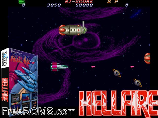 Hellfire (1P Ver.) MAME game showing 3D box cover and gameplay screenshot