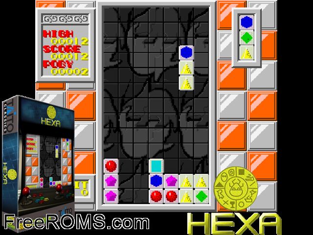 Hexa MAME game showing 3D box cover and gameplay screenshot