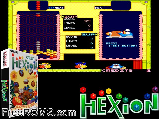 Hexion (Japan) MAME game showing 3D box cover and gameplay screenshot