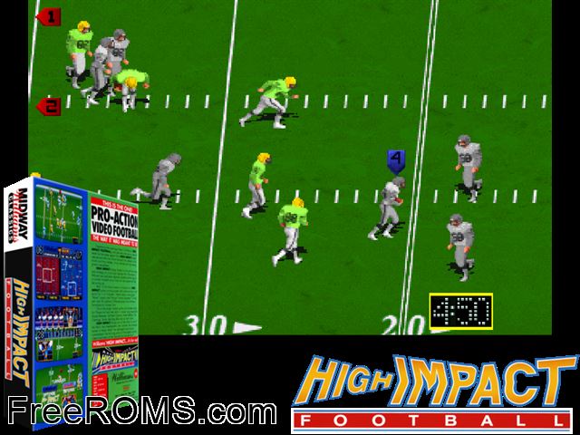 High Impact Football (rev LA4 02/04/91) MAME game showing 3D box cover and gameplay screenshot
