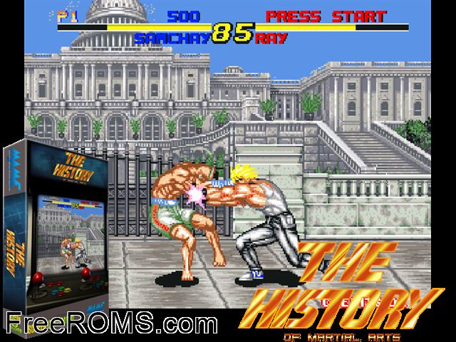 The History of Martial Arts MAME game showing 3D box cover and gameplay screenshot