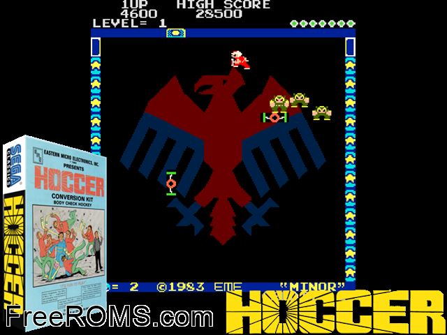 Hoccer (set 1) MAME game showing 3D box cover and gameplay screenshot