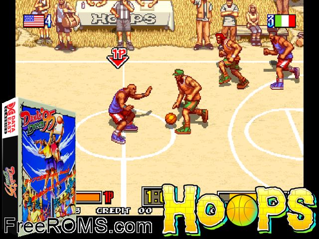 Hoops '96 (Europe/Asia 2.0) MAME game showing 3D box cover and gameplay screenshot