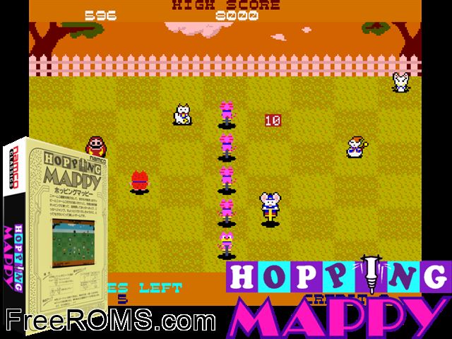 Hopping Mappy MAME game showing 3D box cover and gameplay screenshot