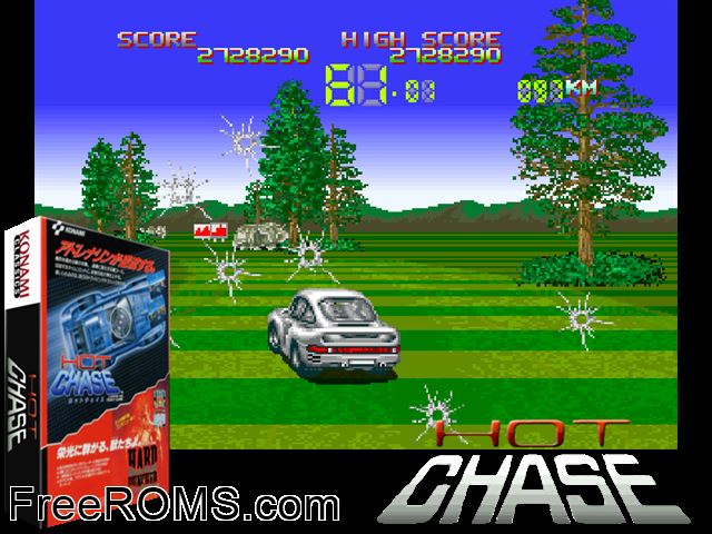 Hot Chase MAME game showing 3D box cover and gameplay screenshot