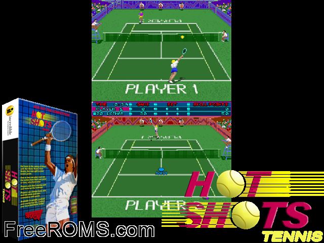 Hot Shots Tennis (V1.0) MAME game showing 3D box cover and gameplay screenshot