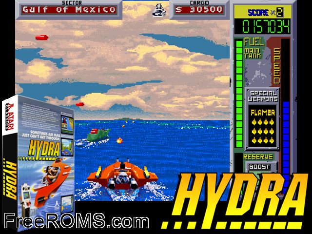 Hydra (prototype 5/14/90) MAME game showing 3D box cover and gameplay screenshot