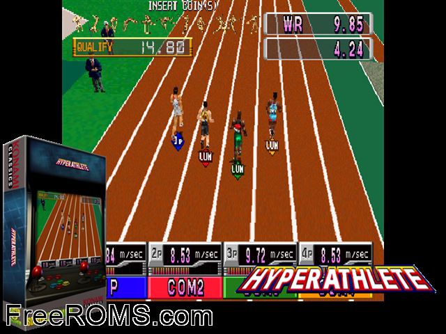 Hyper Athlete (GV021 JAPAN 1.00) MAME game showing 3D box cover and gameplay screenshot