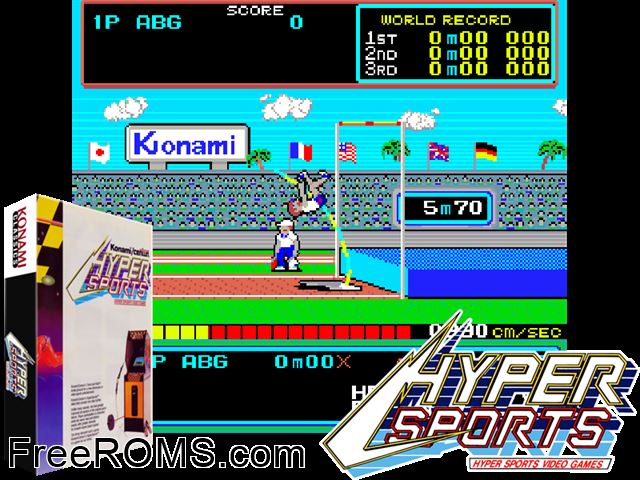 Hyper Sports MAME game showing 3D box cover and gameplay screenshot