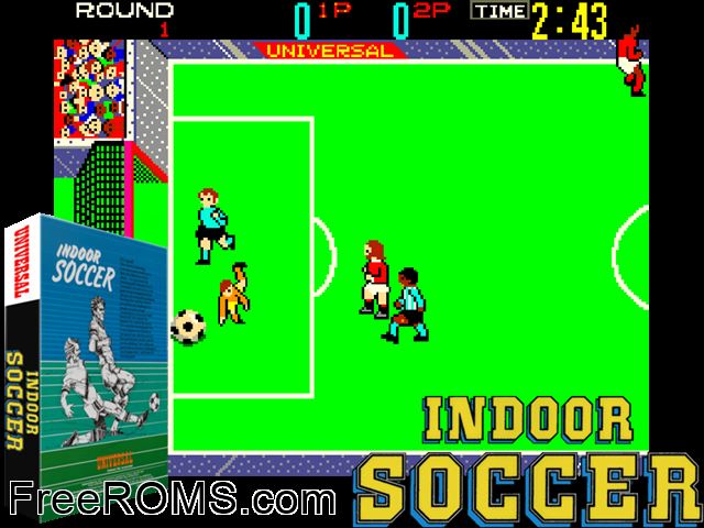 Indoor Soccer MAME game showing 3D box cover and gameplay screenshot