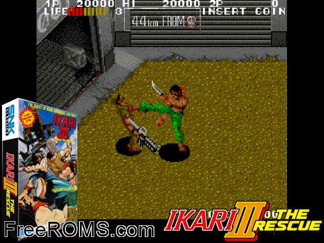Ikari III - The Rescue (Rotary Joystick) MAME game showing 3D box cover and gameplay screenshot