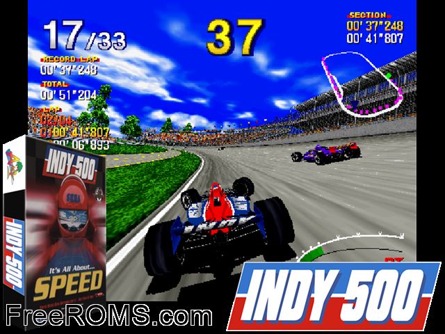 Indianapolis 500 MAME game showing 3D box cover and gameplay screenshot