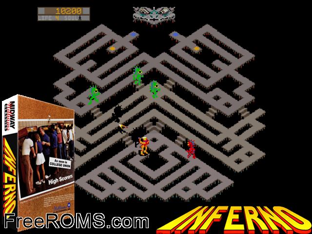 Inferno MAME game showing 3D box cover and gameplay screenshot