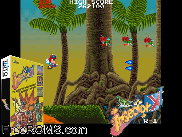 Insector X (World) MAME game showing 3D box cover and gameplay screenshot