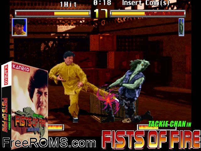 Jackie Chan in Fists of Fire MAME game showing 3D box cover and gameplay screenshot