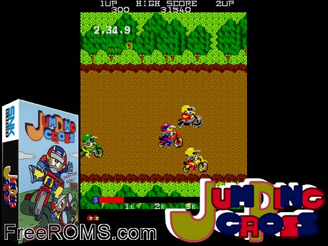 Jumping Cross MAME game showing 3D box cover and gameplay screenshot