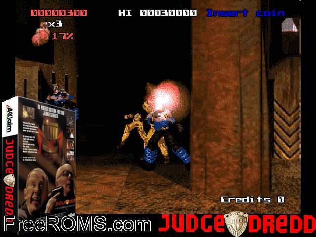Judge Dredd (Rev C Dec. 17 1997) MAME game showing 3D box cover and gameplay screenshot