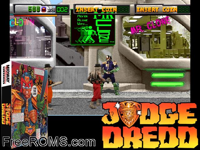 Judge Dredd (rev LA1, prototype) MAME game showing 3D box cover and gameplay screenshot