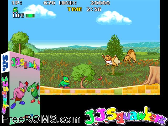 J. J. Squawkers MAME game showing 3D box cover and gameplay screenshot