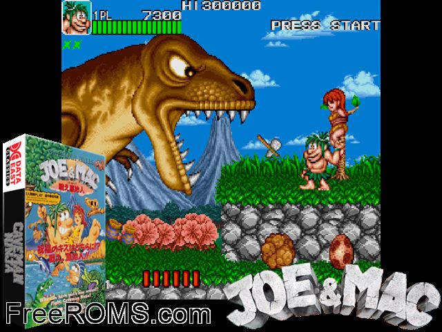 Tatakae Genshizin Joe and Mac (Japan) MAME game showing 3D box cover and gameplay screenshot