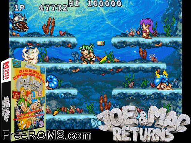 Joe and Mac Returns (World, Version 1.1, 1994.05.27) MAME game showing 3D box cover and gameplay screenshot