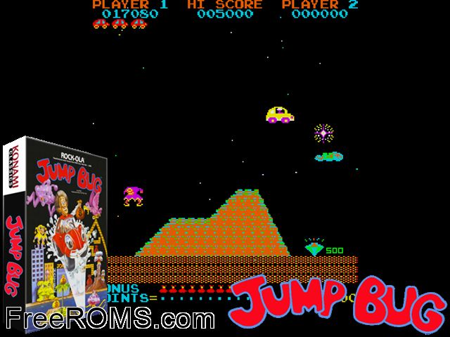 Jump Bug MAME game showing 3D box cover and gameplay screenshot