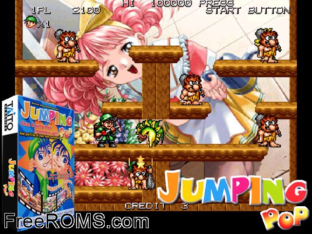 Jumping Pop MAME game showing 3D box cover and gameplay screenshot