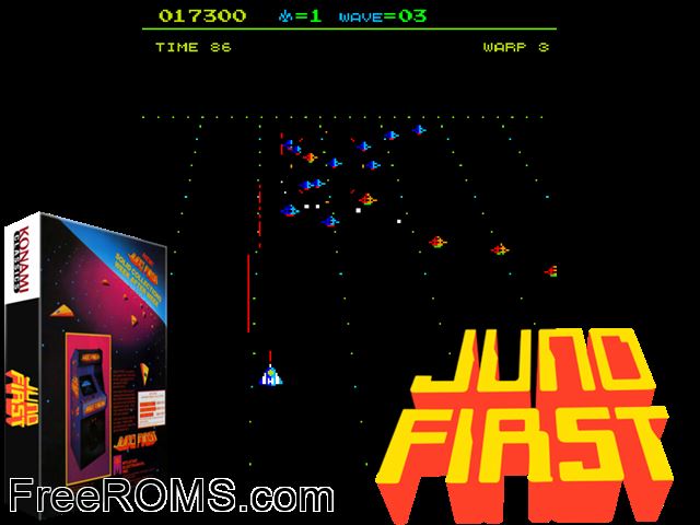 Juno First MAME game showing 3D box cover and gameplay screenshot