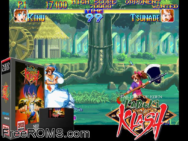 Far East of Eden - Kabuki Klash / Tengai Makyou - Shin Den MAME game showing 3D box cover and gameplay screenshot