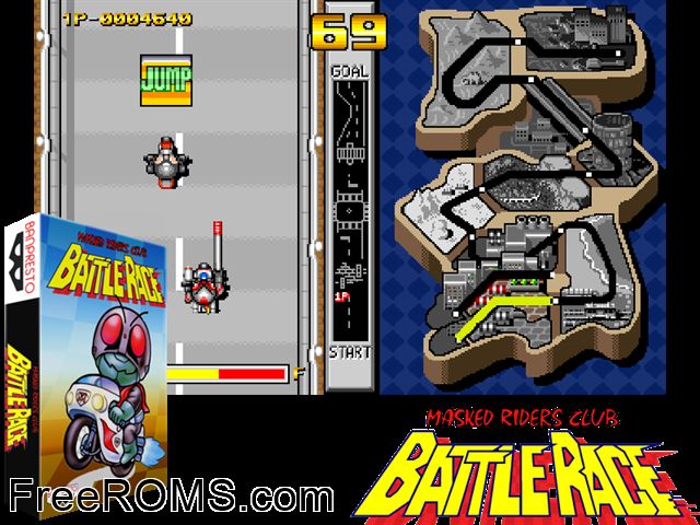 Masked Riders Club Battle Race MAME game showing 3D box cover and gameplay screenshot