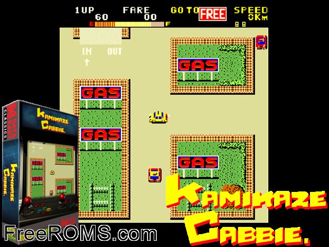 Kamikaze Cabbie MAME game showing 3D box cover and gameplay screenshot