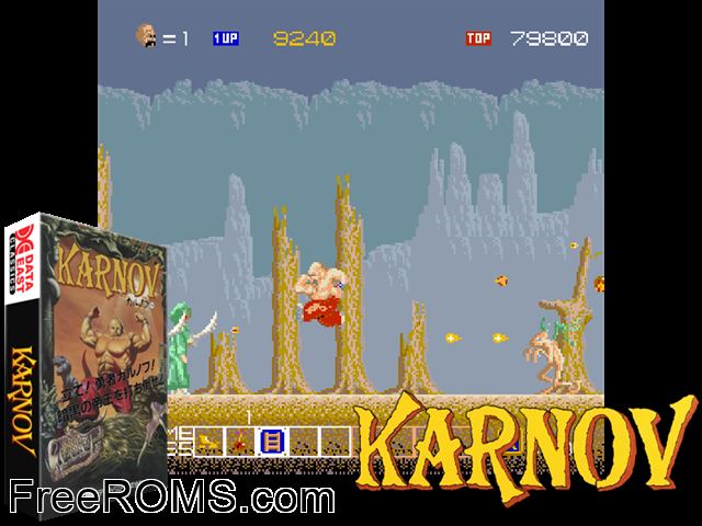 Karnov (US) MAME game showing 3D box cover and gameplay screenshot
