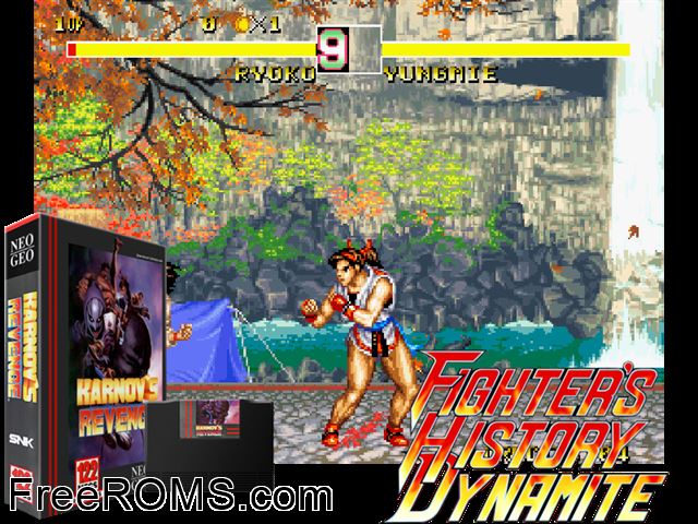 Karnov's Revenge / Fighter's History Dynamite MAME game showing 3D box cover and gameplay screenshot