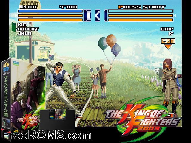 The King of Fighters 2003 (Japan, JAMMA PCB) MAME game showing 3D box cover and gameplay screenshot